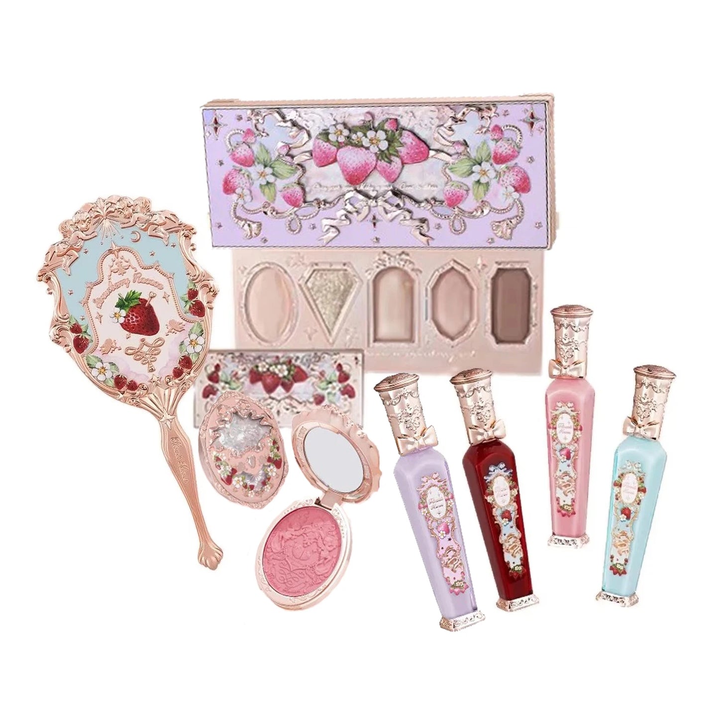 Flower Knows Strawberry Rococo Series Makeup Set Glitter Matte Eyeshadow Palette Blusher Power Velvet Lipstick Kit Perfume Set