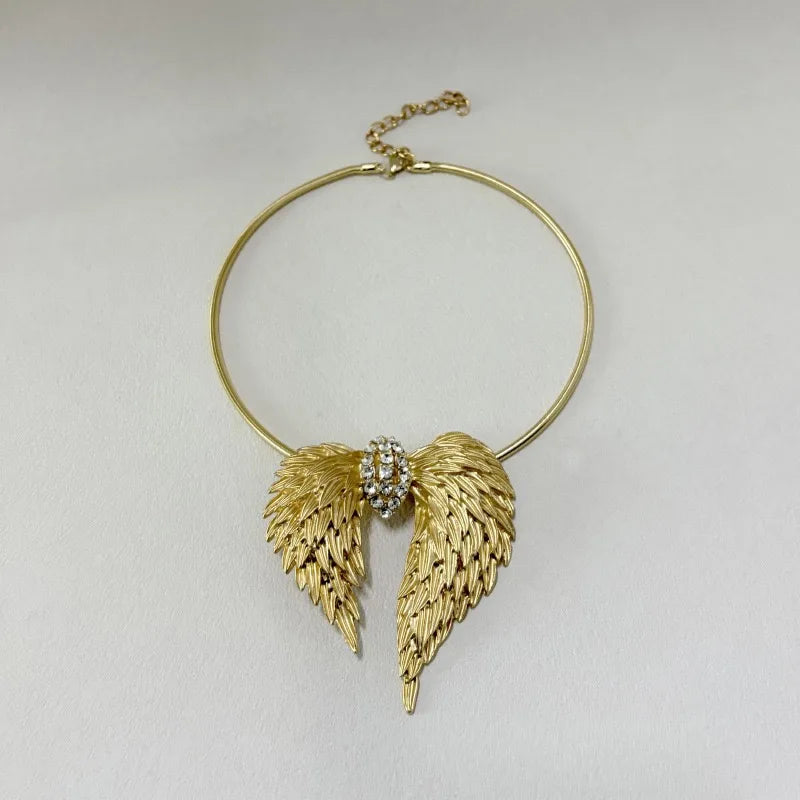 Luxury Gold Angel Wing Choker Necklace Vintage Crystal Inlaid Statement Collar for Women Wedding Evening Party