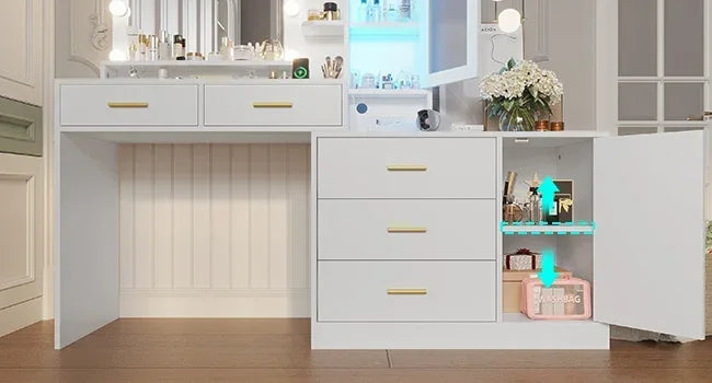 Vanity Desk, Makeup Vanity with Lights & Charging Station and Ambient Light, Vanity Table with Dresser, Bedroom Furniture