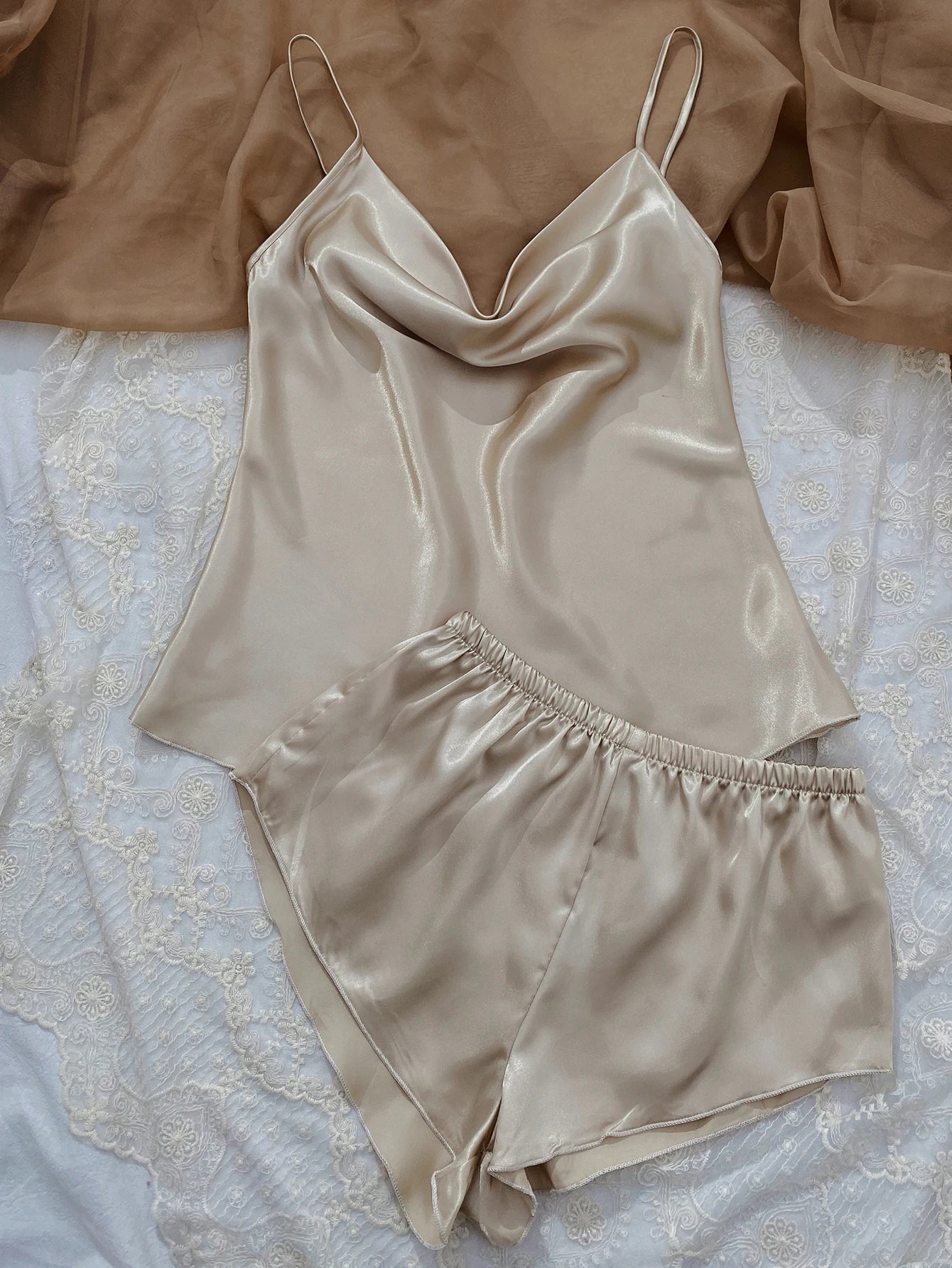 Solid Satin Pajama Set  V Neck Cami Top   Elastic Waistband Shorts Women's Sleepwear  Loungewear