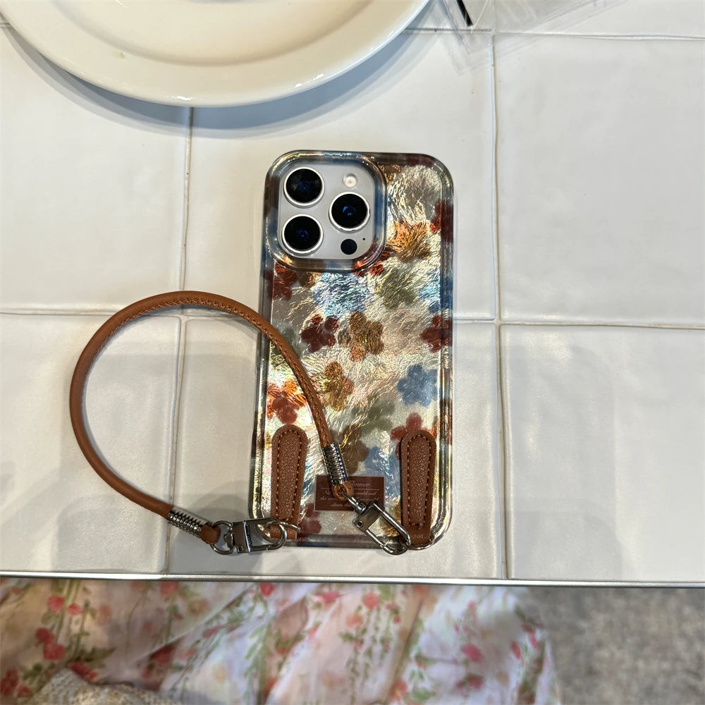 Fashion INS Flower With Leather Wrist Strap Case For iPhone 15 14 13 16 Pro Max 16 Shine Sliver Laser Korea Style Back Cover
