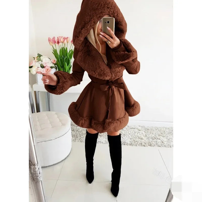 Warm Solid Color Lace-up Belt Fur Splicing New Women's Long-sleeved Ruffle Edge Hooded Jacket Parka