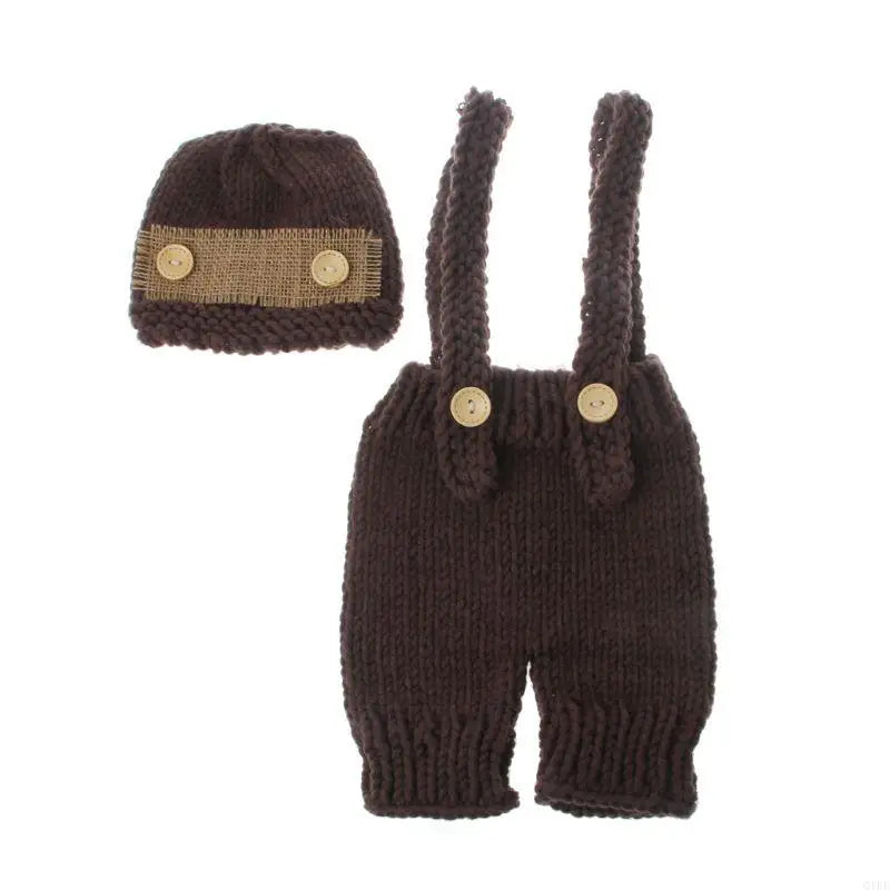 Q1FE Baby Hat Crochet Overalls Costume for Photo Retro Baby Photo Props
