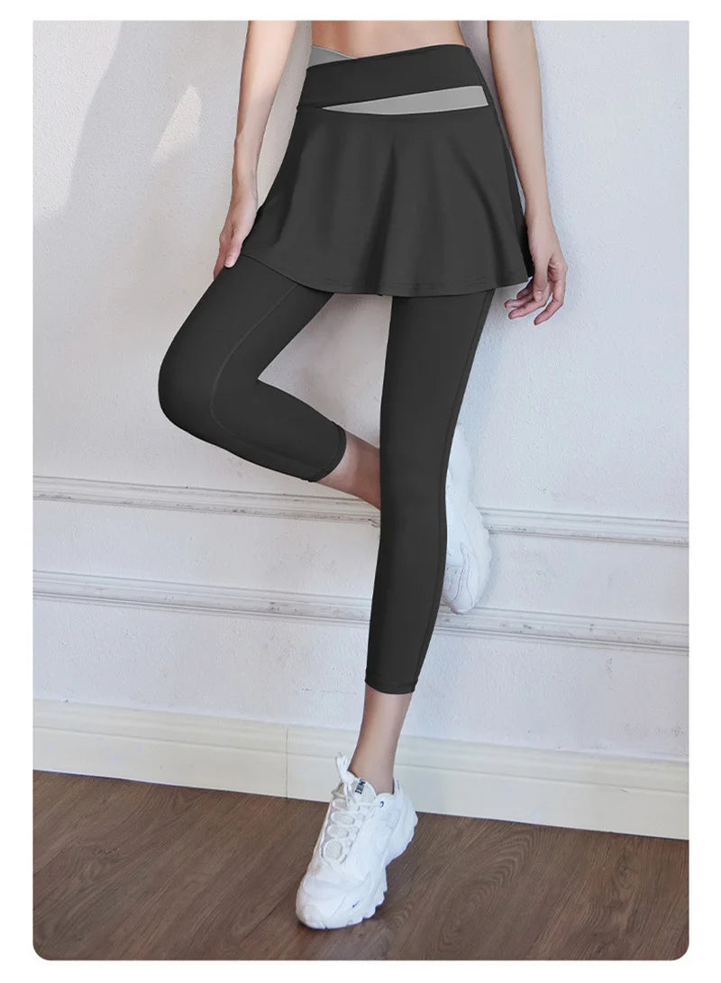 Aiithuug Tennis Skorts Cross-waist Skirted Legging Yoga Legging with Skirts Tennis Leggings Soft Stretchy Tennis Dresses Running