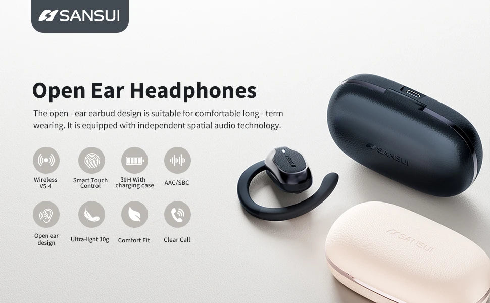 Sansui W65 Air Conduction Bluetooth 5.4 Earphones ENC Noise Canceling Bluetooth Headphone on Ear OWS Wireless Headsets with APP