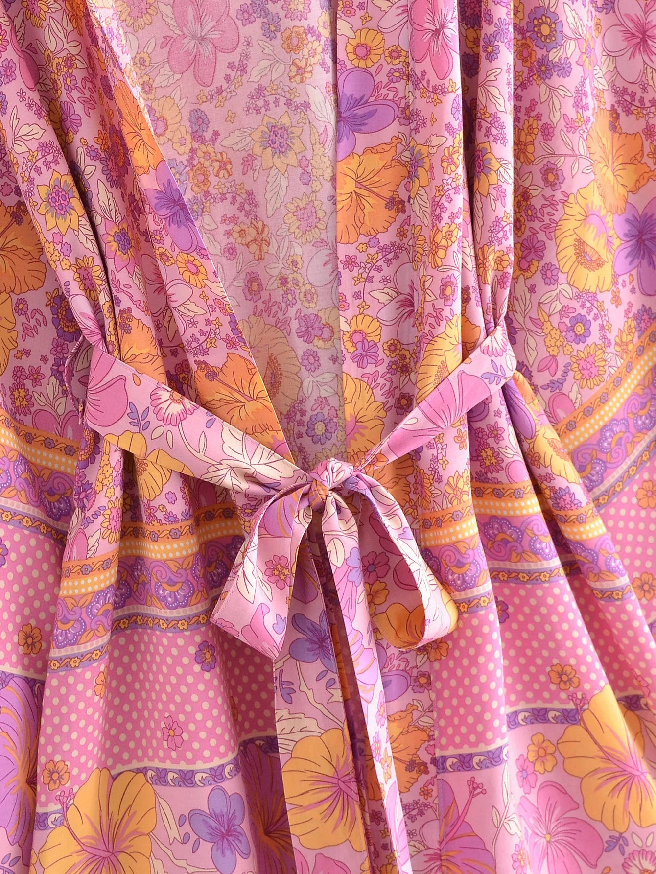 BOHO Women Blue With Pink Flower Print Kimono Shirt Holiday Tide Bow Sashes Mid Long Cardigan Summer Blouse Beach Cape