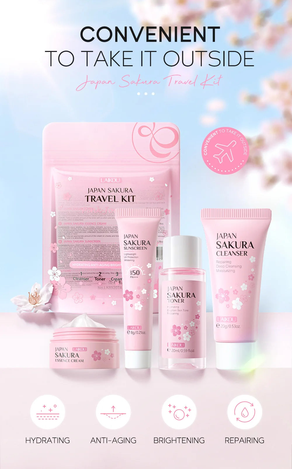 LAIKOU Sakura Skin Care Sets Facial Cleanser Face Cream Serum Toner Moisturizing Brightening Anti Wrinkles Kit