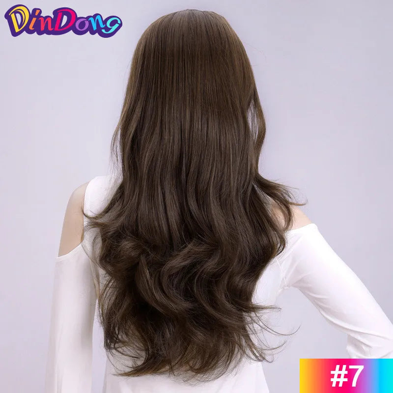 24 Inch Long Wavy Head Tied  3/4 Half Wigs With Clips In, Synthetic Fibers Hair Extension Wigs For Women