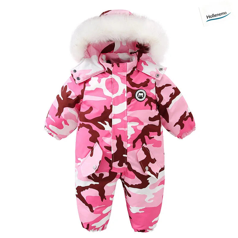 Baby Hooded One‑Piece Snowsuit Faux Fur Trim Windproof Waterproof Animal Print Warm Winter Zipper Jumpsuit Romper For Boys Girls