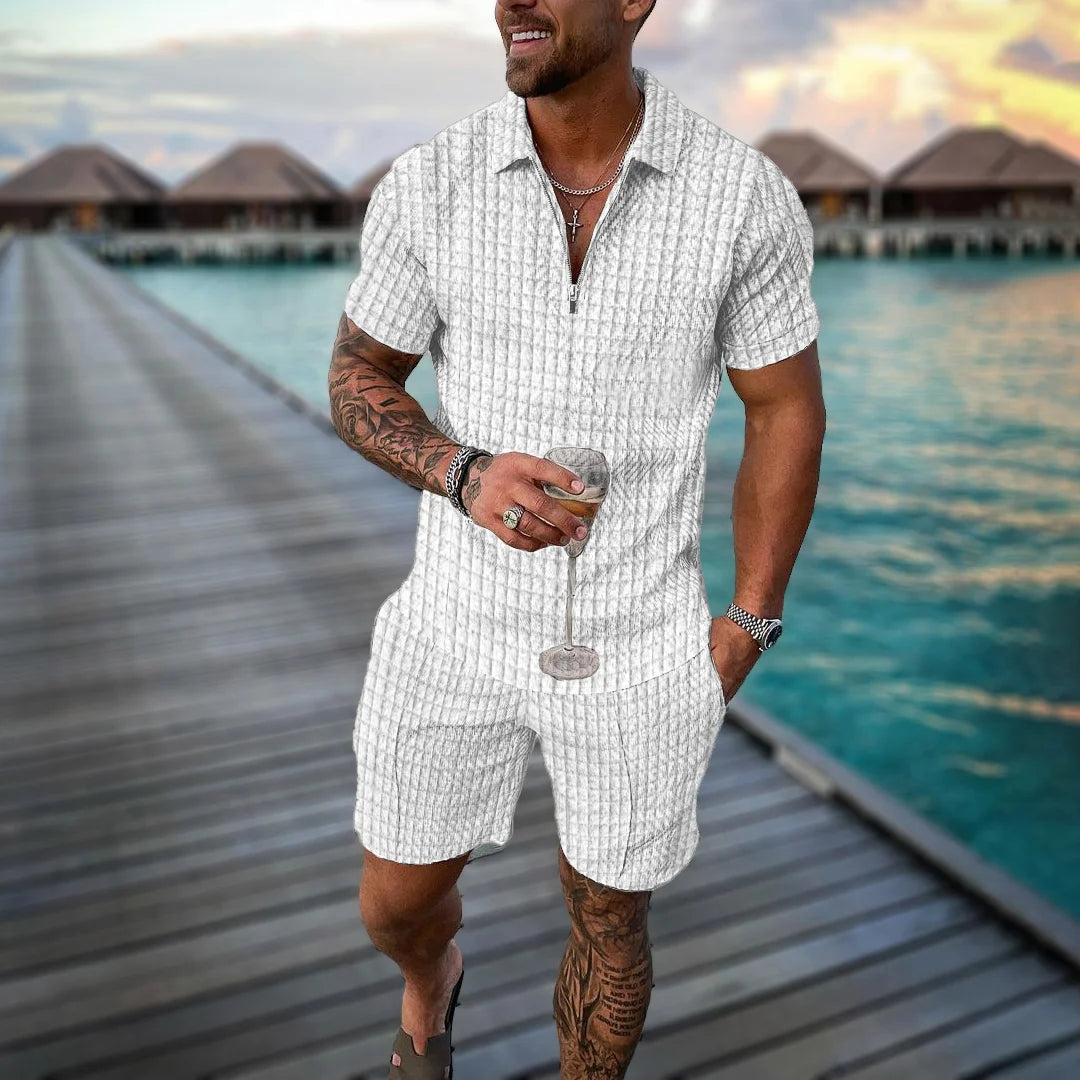 Men Tracksuit Summer New 3D Printed Beach Zipper Polo Shirts Shorts 2 Pcs Sets Boho Geometric Style Holiday Clothing Ropa Hombre