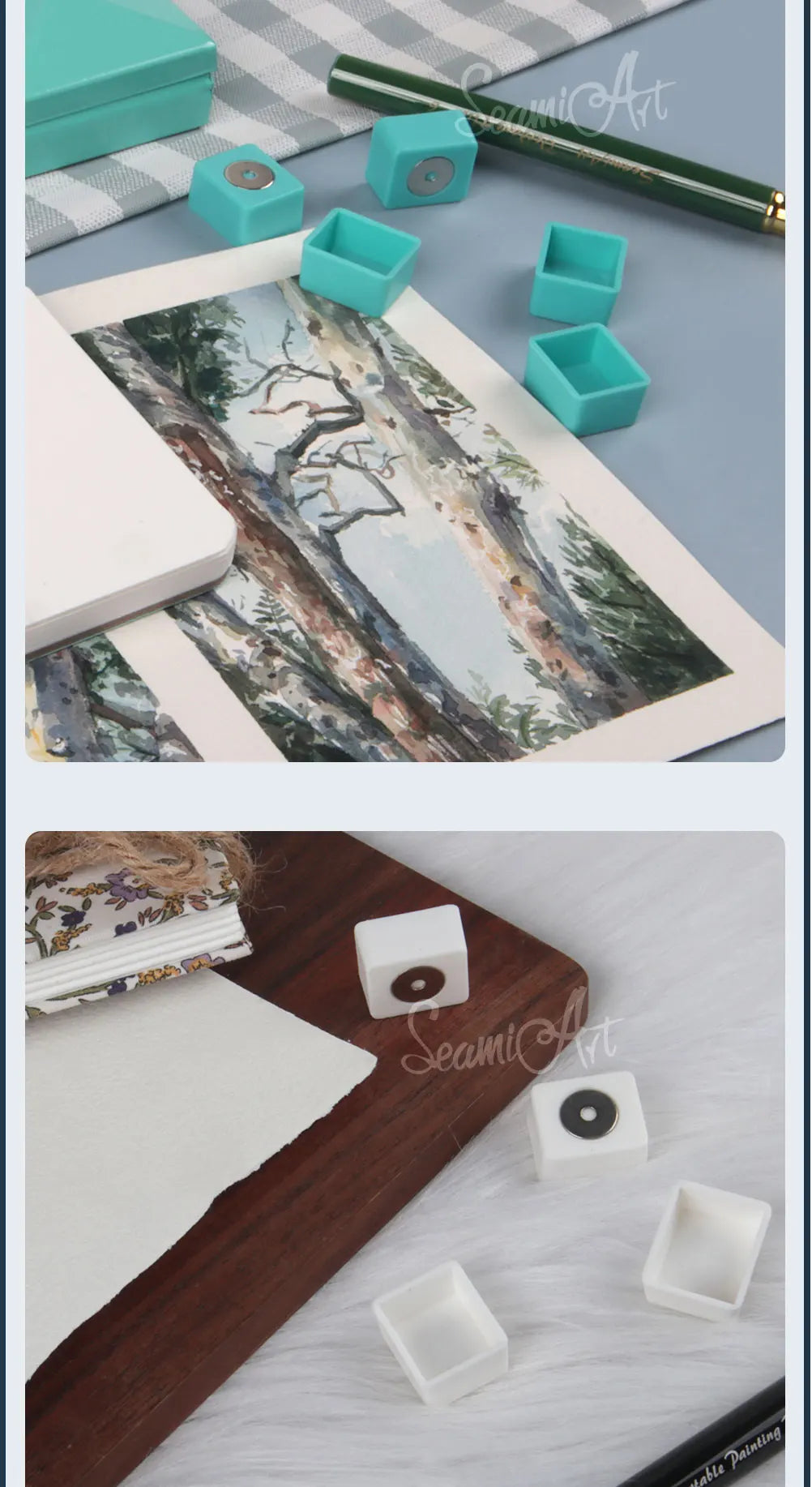 SeamiArt 50pcs Magnetic Half Pans Four colors for Watercolor Tube Subpackage Tin Box Palette Painting Tools Art Supplies