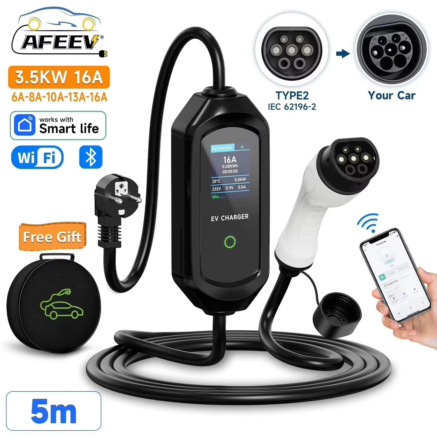 AFEEV Portable EV Charger Type2 IEC62196-2 EVSE Fast Charging Cable Type1 SAE J1772 Wallbox WiFi APP Bluetooth Wireless Control