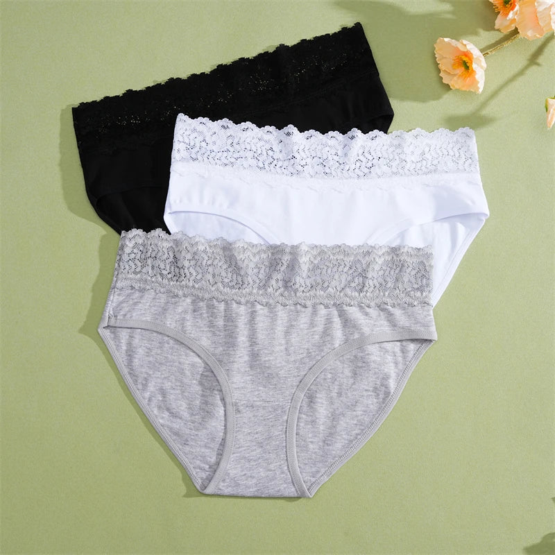 FINETOO 2Pcs Women Cotton Seamless Underwear Sexy Lace Waist Patchwork Panties Female Solid Briefs Plus size Breathable Lingerie