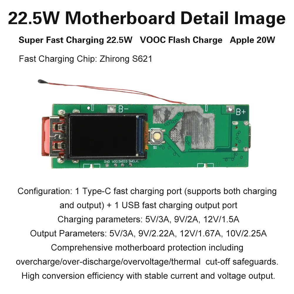 22.5W Fast Charging Module with TFT Color Display DIY Power Bank Kit for PD/QC/VOOC Dual Port Portable Charging