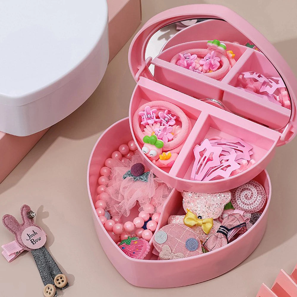 Hair Accessories Box Jewelry Storage With Mirror Pink Hair Clips Rubber Band Organiser For Girls Children Portable Travel Case