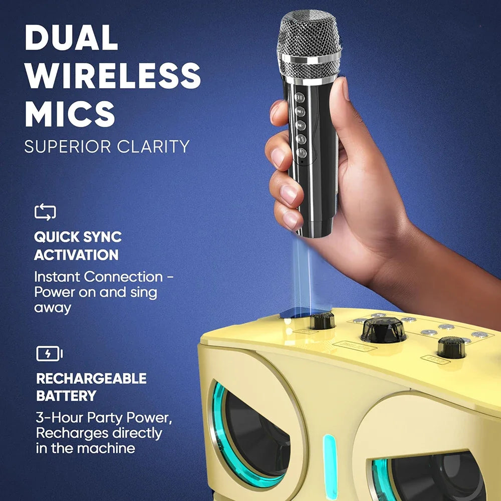 Karaoke Machine with 2 Wireless Microphones, Portable Bluetooth Speaker with Bass/Treble Adjustment, Supports TF Card/USB/AUX