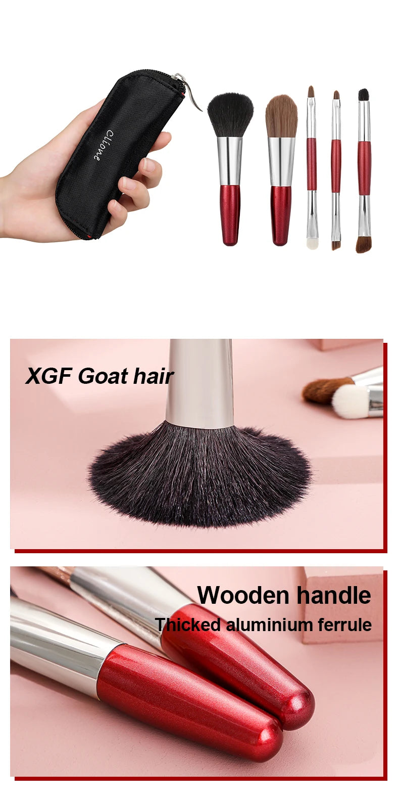 5-Piece Mini Natural Bristle Makeup Brush Set, Travel-Friendly Eyeshadow/Foundation/Blush/Concealer & Lip Brushes Portable Tools