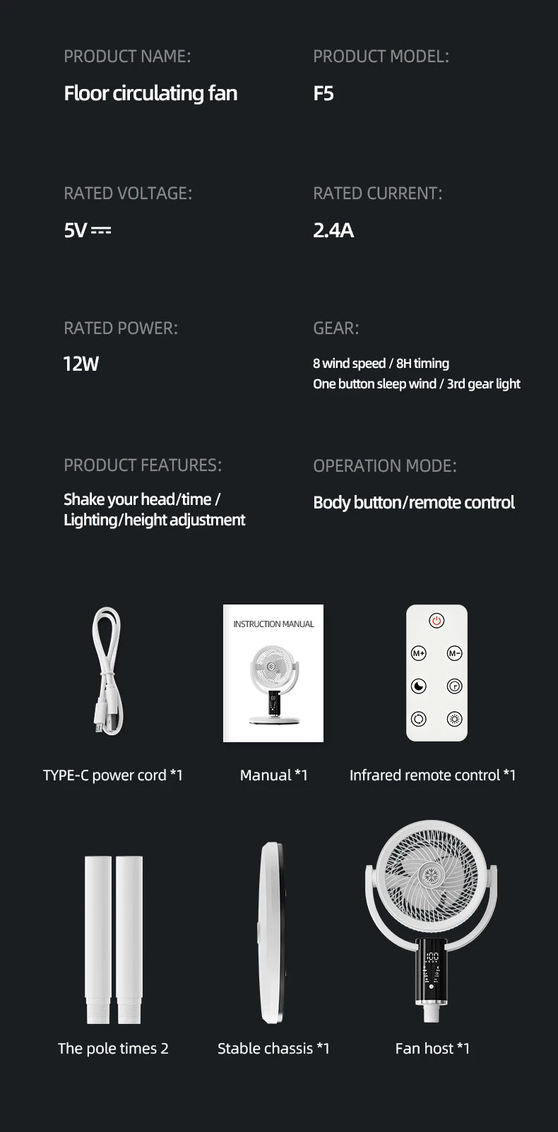 Floor Standing Fan Remote Control 6000mAh USB Rechargeable Height Adjustable Air Circulator for Camping Home Office Sturdy Base
