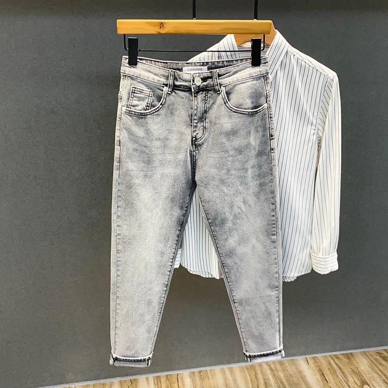 Summer ey e Nine-Ten Men's Jeans Sli Versatile Slim Fit Casual Cotton Stretch Fabric mid Waist Zipper Closure