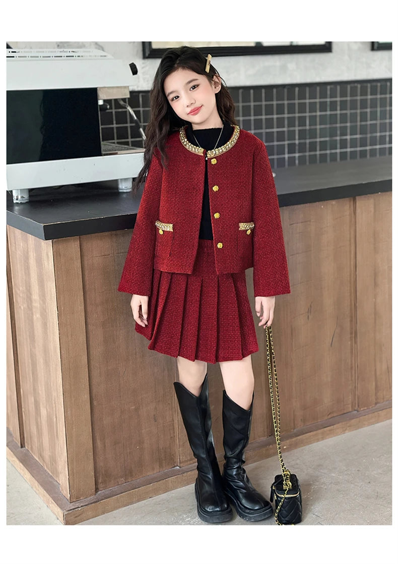 design winter teen girl clothes set beaded round neck jacket+Pleated skirt 2pcs Christma junior children outfit kids suit 4-14