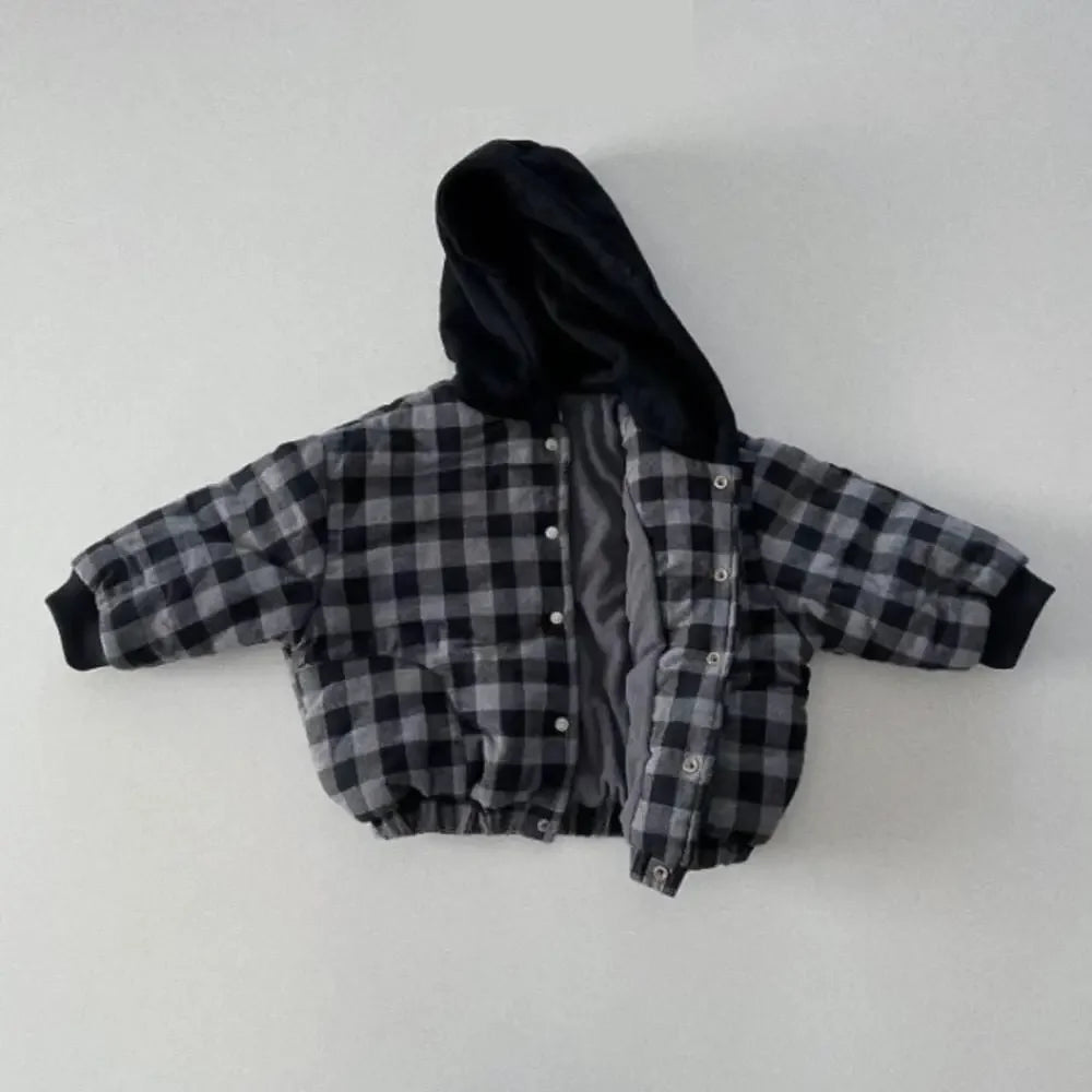 2025 Winter New Baby Warm Plaid Coat Kids Boys Girls Hooded Cotton Padded Jacket Kids Vintage Windproof Tops Children Clothes