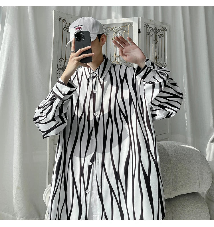 Men's Long Sleeve Striped Shirts Spring New Korean Button Up Shirt Unisex Fashion Casual Oversize Blouse Printed Clothing