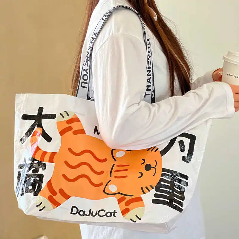Cute Cat Waterproof Woven Shopping Bag Cartoon Shoulder Bag Reusable Totes Portable Handbag Laundry Bag For Grocery Clothes