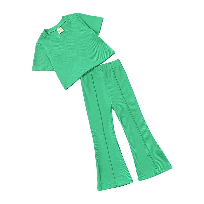 2025 Girls Summer Outfit Sets Toddler Crewneck Tshirt Shirt Top + Bell-Bottom Pants Sets Cute Children Flared Pants Baby Suit