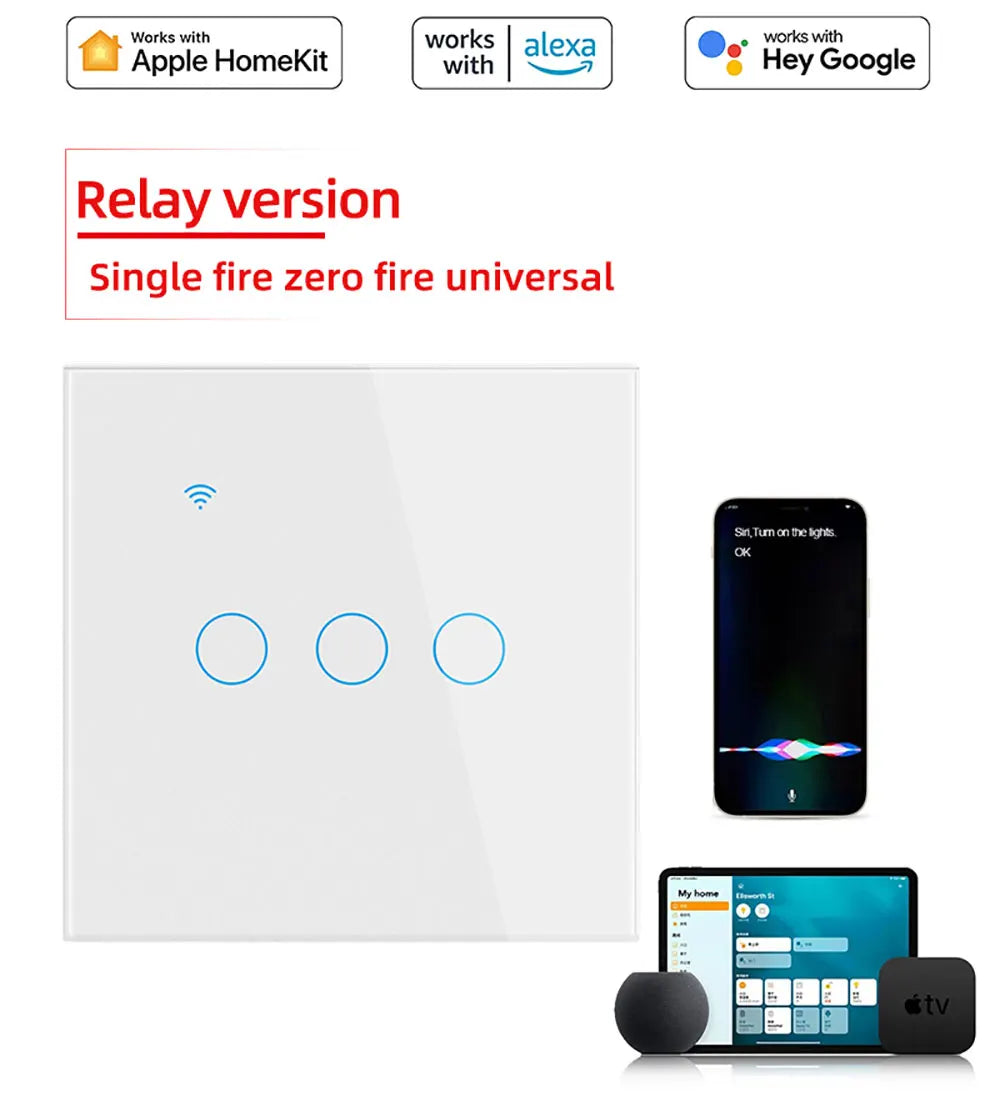 Apple Homekit Smart Switch No Neutral EU/US WIFI Touch Sensor Light Switch Smart Google Home Alexa Siri Voice Control 220V 110V