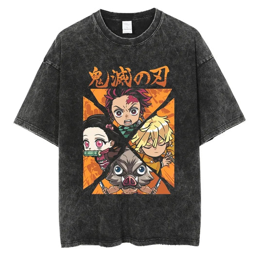 Hot Anime Demon Slayer Kokushibo Graphic T-Shirt Men Women Manga Tshirts Washed Cotton T Shirt Harajuku Unisex Vintage Top Tees