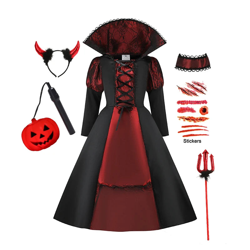 Halloween Fantasy Costumes for Kids Gothic Ghost Bride Red Vampire & Day of The Dead Cosplay Girls & Boys
