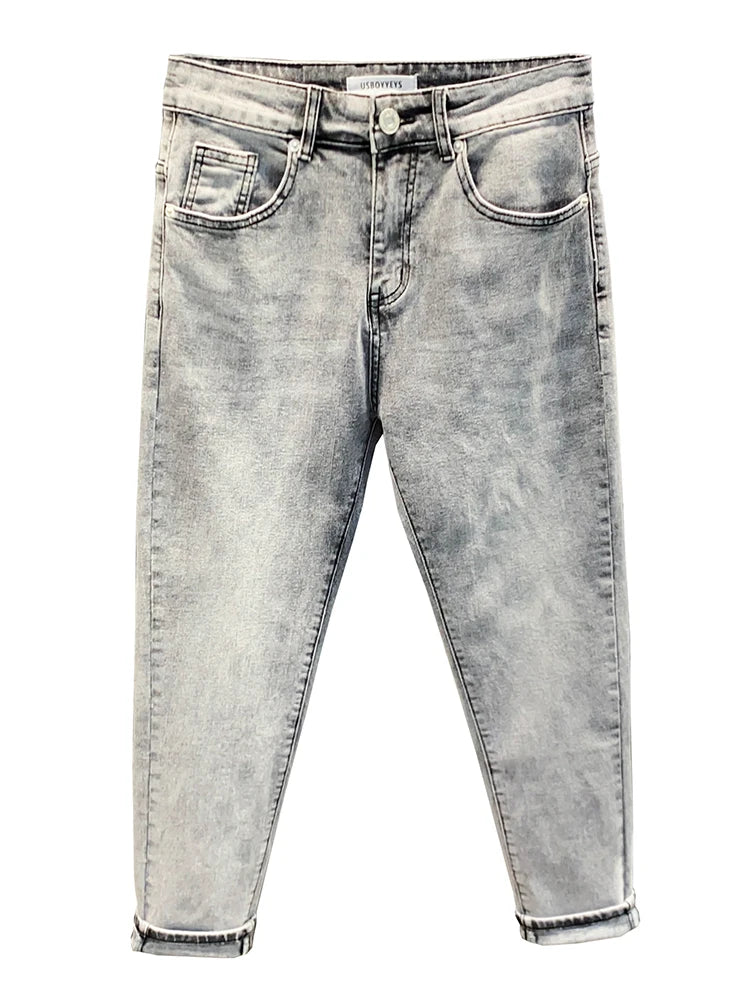 Summer ey e Nine-Ten Men's Jeans Sli Versatile Slim Fit Casual Cotton Stretch Fabric mid Waist Zipper Closure