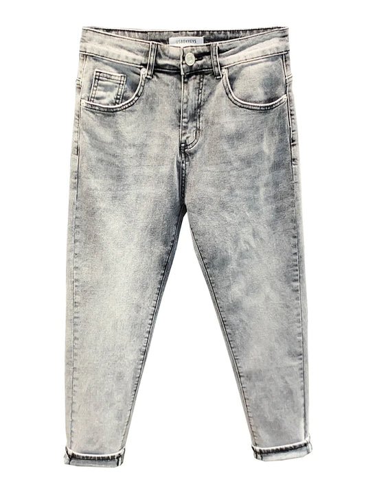 Summer ey e Nine-Ten Men's Jeans Sli Versatile Slim Fit Casual Cotton Stretch Fabric mid Waist Zipper Closure