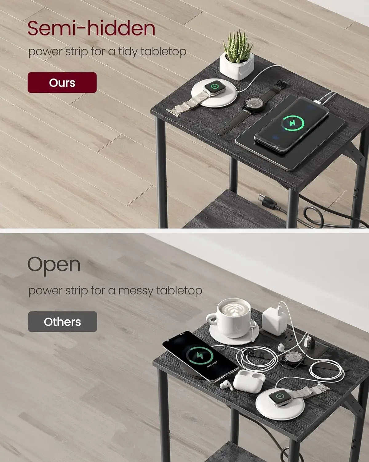 End Table with Charging Station, Set of 2, Small Side Tables for Living Room, Bedroom, Nightstand with Outlets and USB Ports