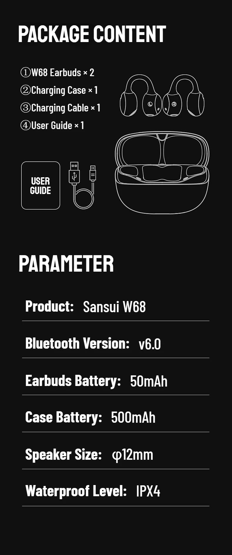 SANSUI W68 OWS Ear Clip Headphones Air Conduction Bluetooth 6.0 Earphones Dual ENC Clear Call TWS Wireless Earbuds with APP