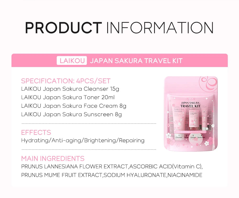 LAIKOU Sakura Skin Care Sets Facial Cleanser Face Cream Serum Toner Moisturizing Brightening Anti Wrinkles Kit