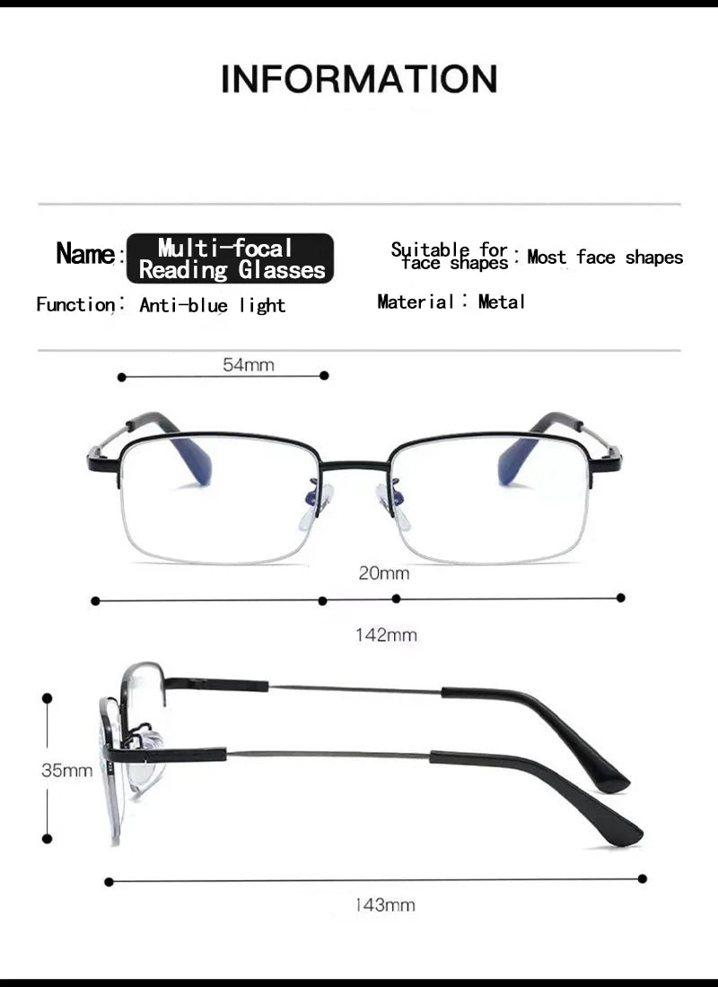 Color-changing Near And Far Use Dual-function Reading Glasses, Progressive Multifocal Smart Zoom Memory Anti-blue Light1832