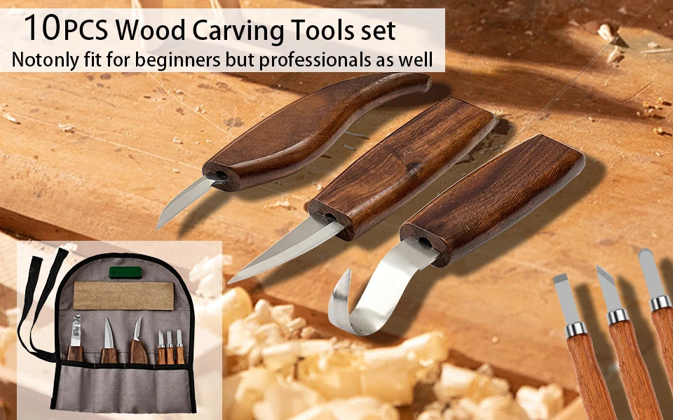 10Pcs Wood Carving Tools Set with Detail Wood Carving Knife Wood Chisel Knife Gloves Carving Knife Sharpener Woodworking Tools