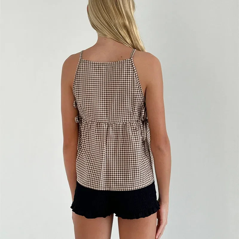 Cute Women Y2k Babydoll Tank Top Cute Tie Up Side Sleeveless Peplum Top Vintage Plaid Solid Cami Tank Top Coquette Streetwear