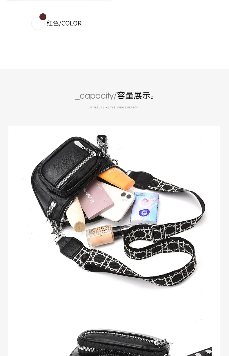 Luxury Multi-pocket 100% cowhide Crossbody Bags For Women Black Shoulder Messenger Handbags Small Chest Bag Travel Saddle bag