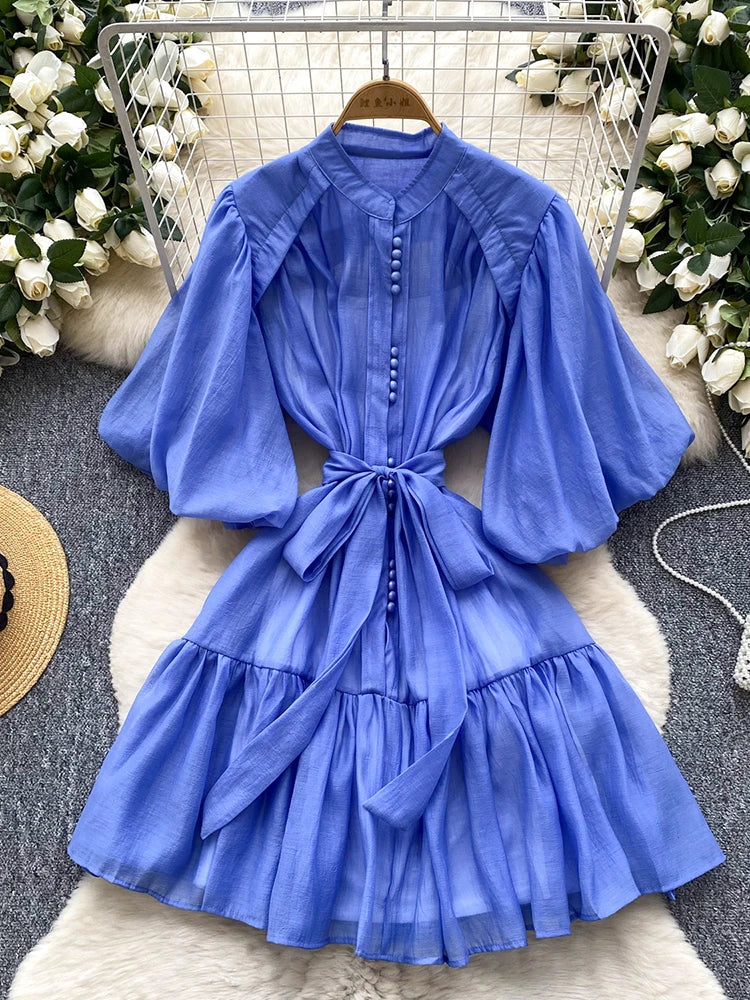 Summer Women's Puff Sleeve Shirt Dress Fashion Beach Vacation Party Birthday Blue White Exquisite Chiffon Mid Length Dress B06
