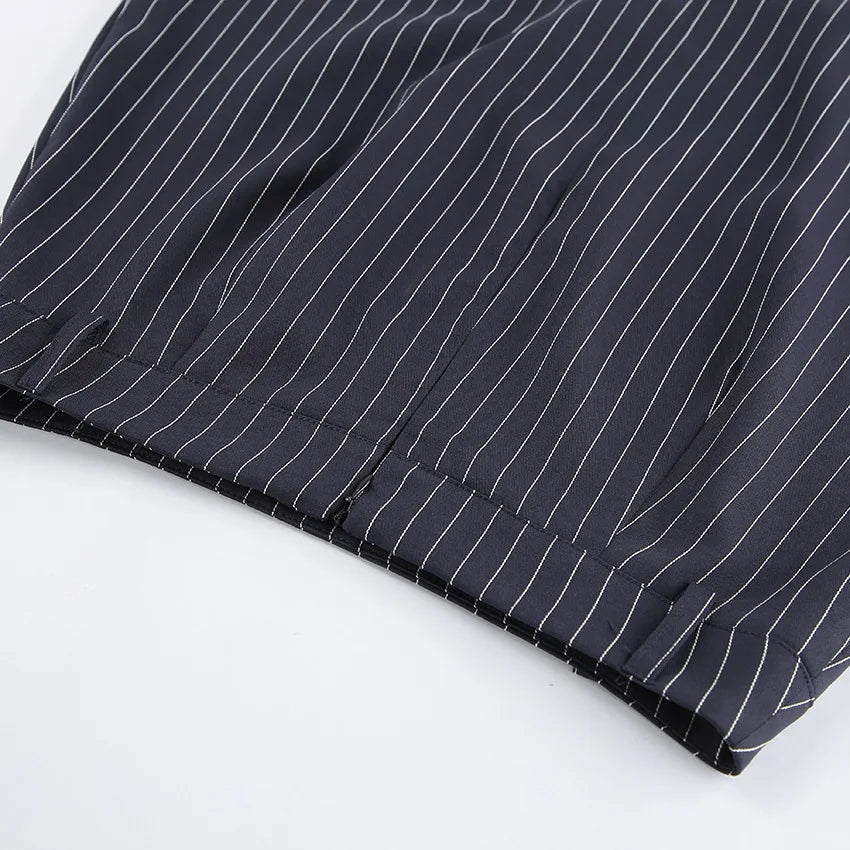 Women's Matching Sets 2026 Woman Navy Blue Striped V-neck Waist Small Suit Top Short A-shaped Skirt Women's Two-piece Set