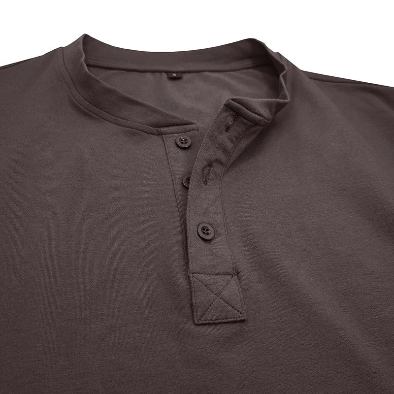 SHiONFA Spring Men's Long Sleeved T-shirt Casual Soft Cotton Base Shirt Placket Front Button Solid Color Pullover