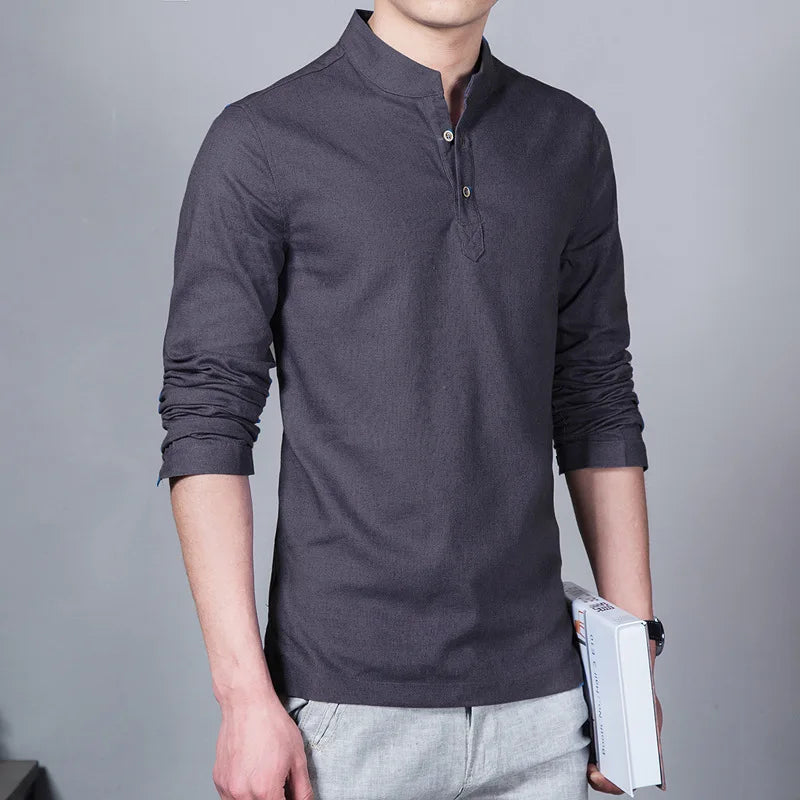 Men’s Solid-color Cotton Linen Shirt Long Sleeve Plus Size Casual