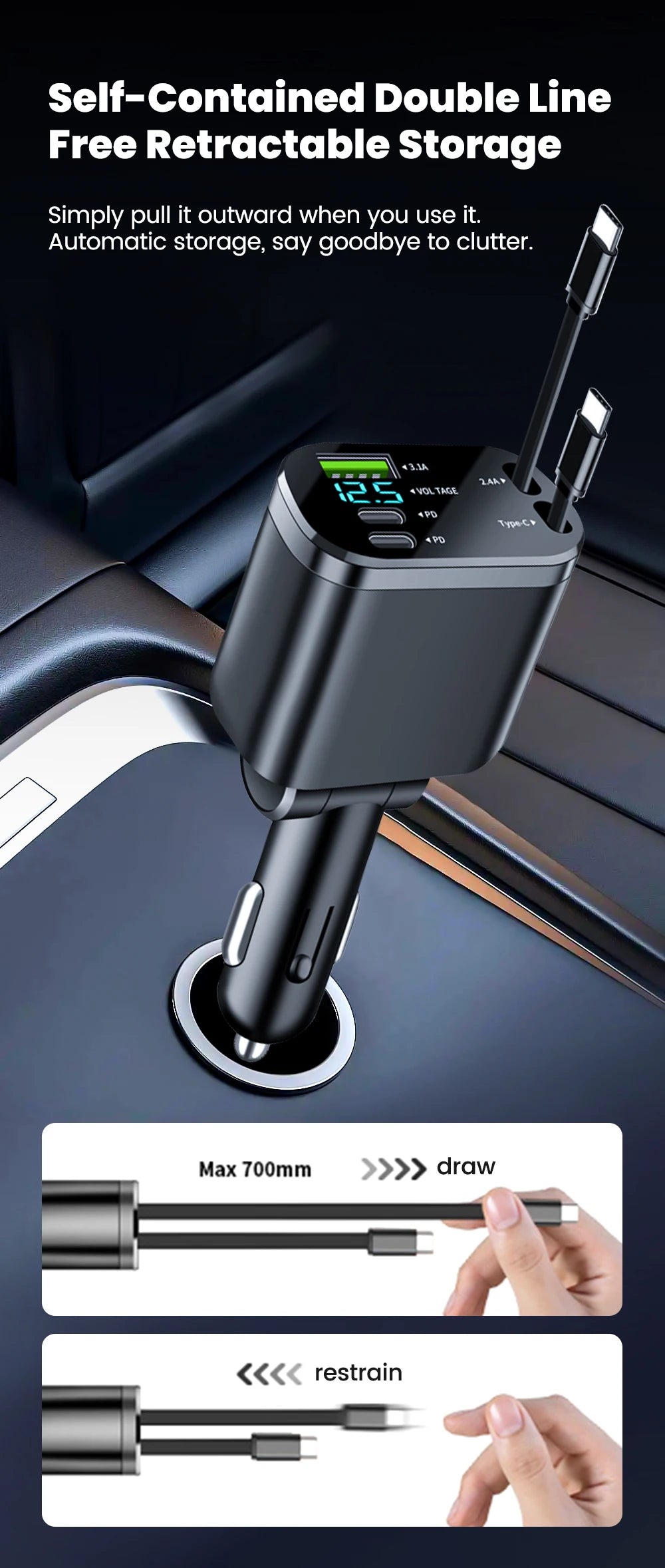 150w Car Charger USB+ Dual Type-C+Dual Type-C Stretching Cable PD Fast Charging Car Phone Digital Display Adapter For Cellphones