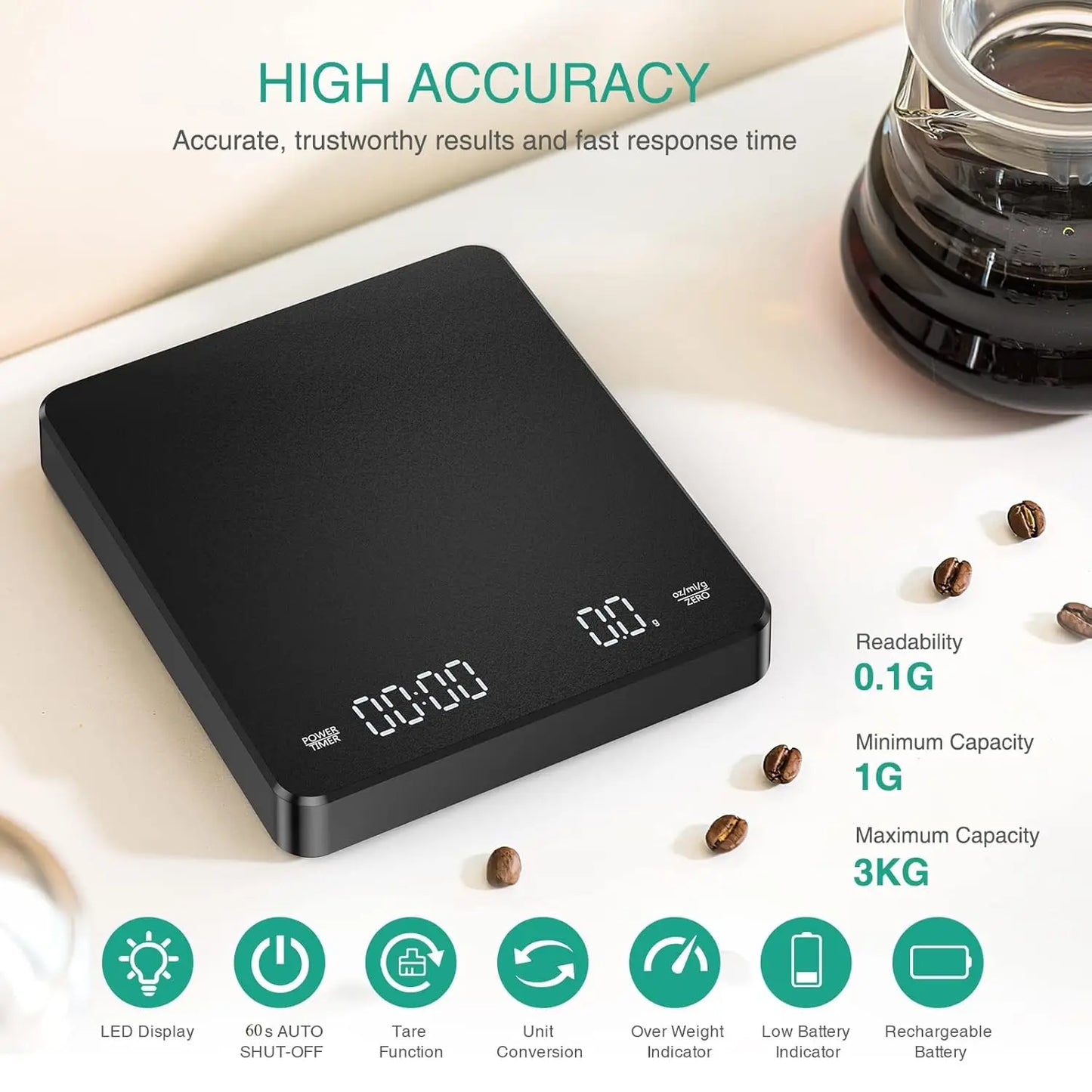 Household Electronic Kitchen Scale, High-precision Digital Coffee Scale with Timer, Small Platform Scale for Baking Food, Portab