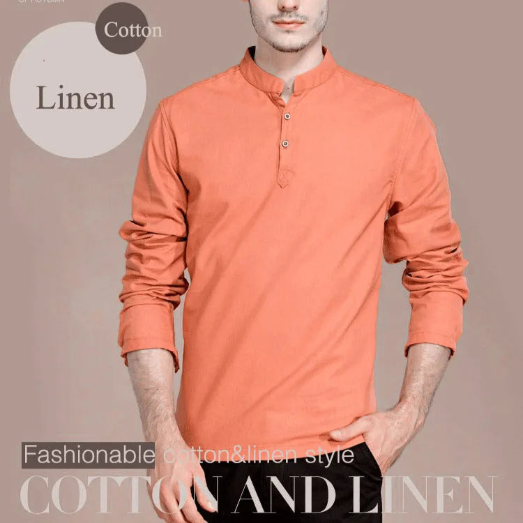 Men’s Solid-color Cotton Linen Shirt Long Sleeve Plus Size Casual