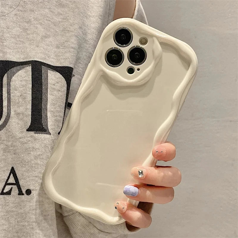 Wave Pattern Solid Color Cream For iPhone 11 12 13 14 15 16 17 Pro Max Plus Air Transparent Resistant Clear Shockproof Case