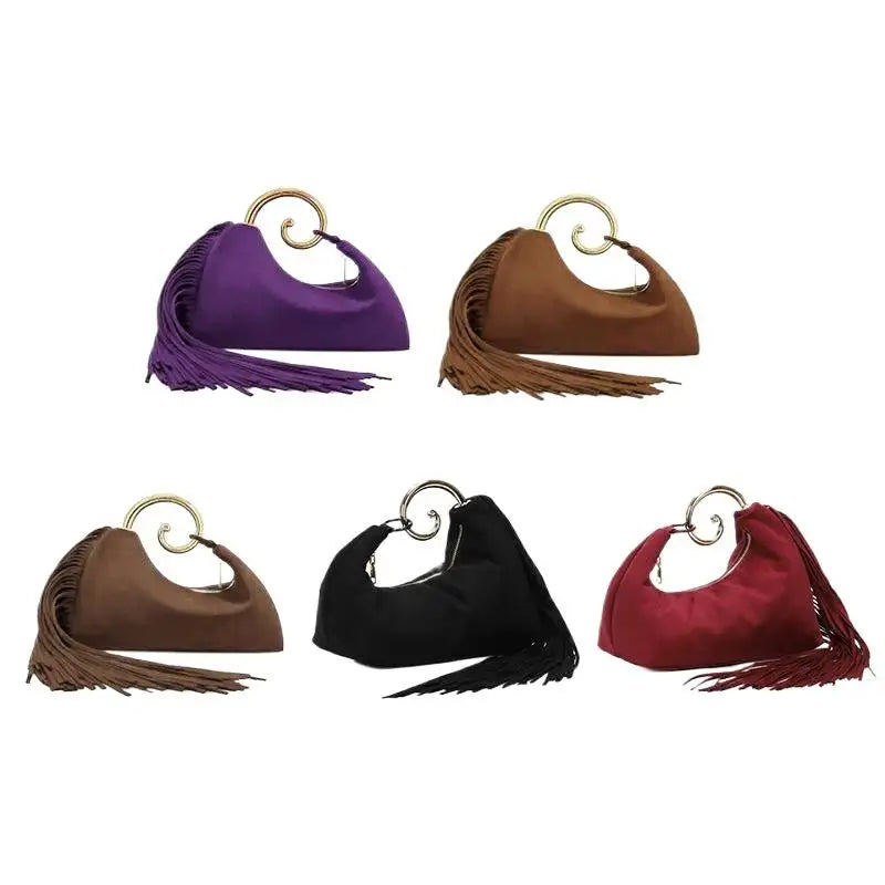 Trendy Vintage Evening Bags for Women, French Luxury Faux Suede Tassel Handbags with Durable Metal Handle