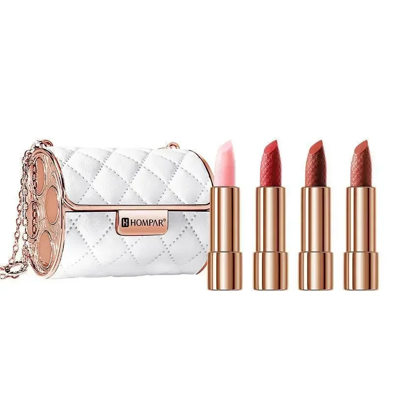 Chain Bag Lipstick Set 4 Color Long Lasting Matte Lip Stick White Leather Gift Box for Girl Women's Birthday Gift makeup